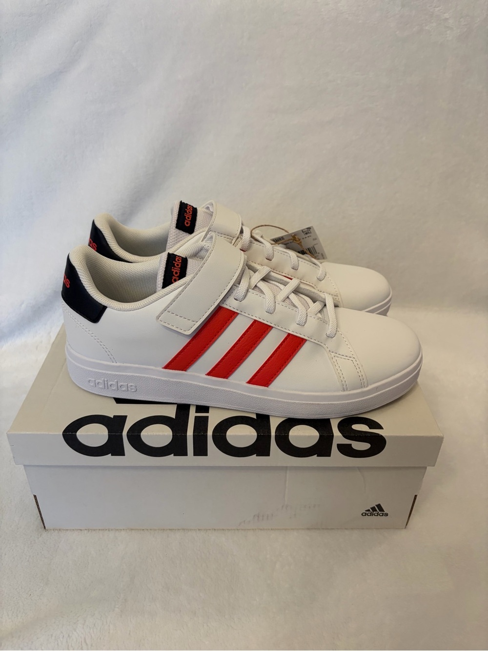 adidas Kids White Sneakers with Red Three Stripes and Navy Details
